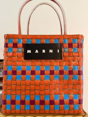 Marni Orange Woven Tote with Blue and Purple Check Pattern